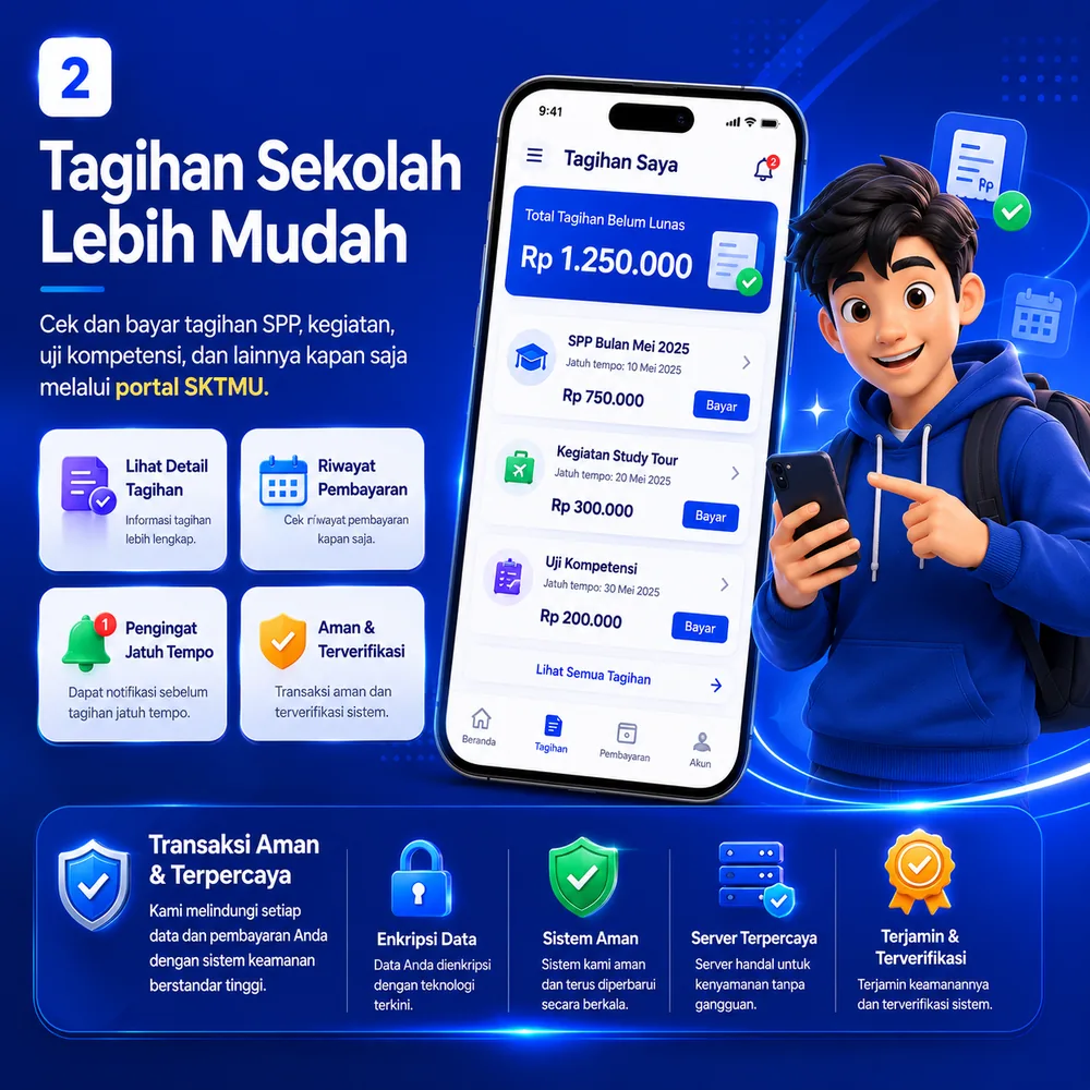 Ilustrasi pembayaran Virtual Account bank yang terhubung dari tagihan siswa ke status pembayaran otomatis.