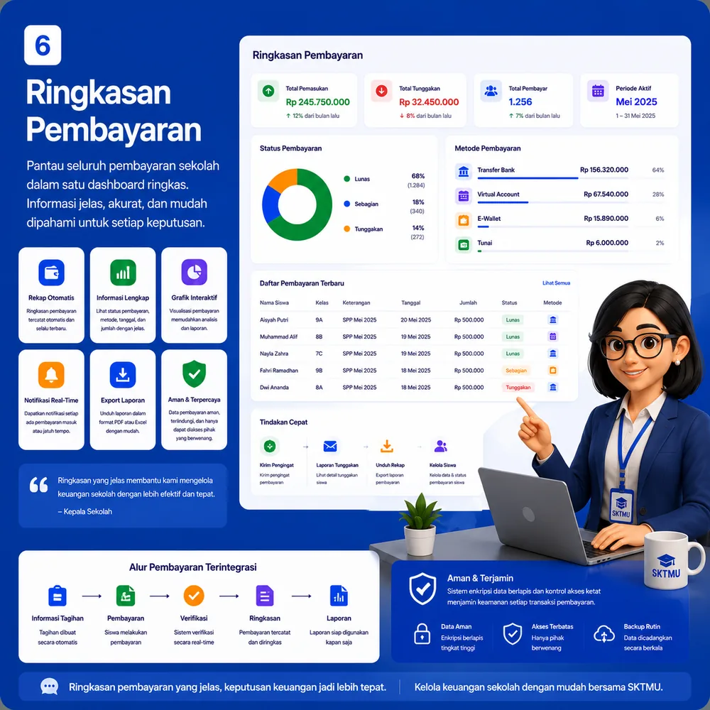 Ilustrasi portal wali kelas untuk memantau laporan kelas dan data administrasi siswa.
